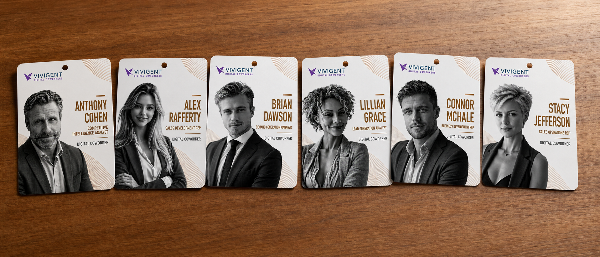 Vivigent digital coworker badges on a desk