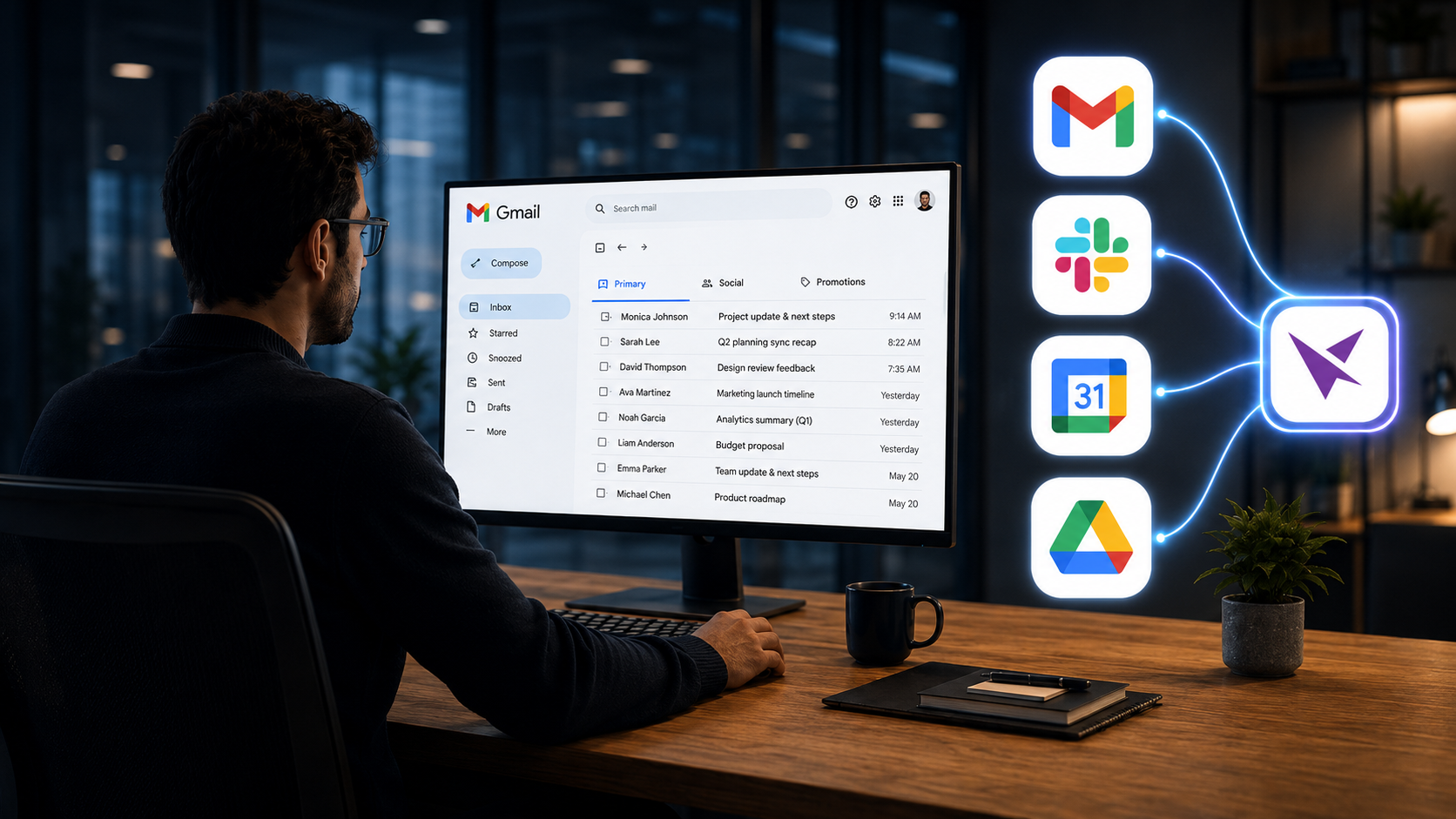 Felix works through Gmail, Slack, Google Calendar, and Google Drive